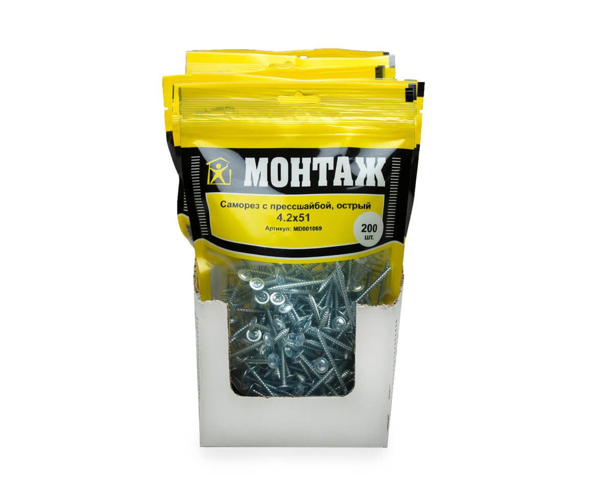 Саморез с прессшайбой 4.2x51, острый, цинк, дой-пак L, МОНТАЖ (пакет/200шт)
