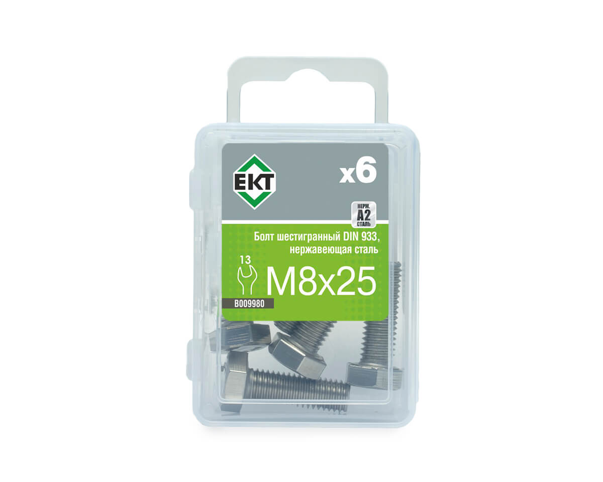 Болт с шестигранной головкой M8х25, DIN933, НЕРЖ. СТАЛЬ, ЕКТ (упак/6шт)