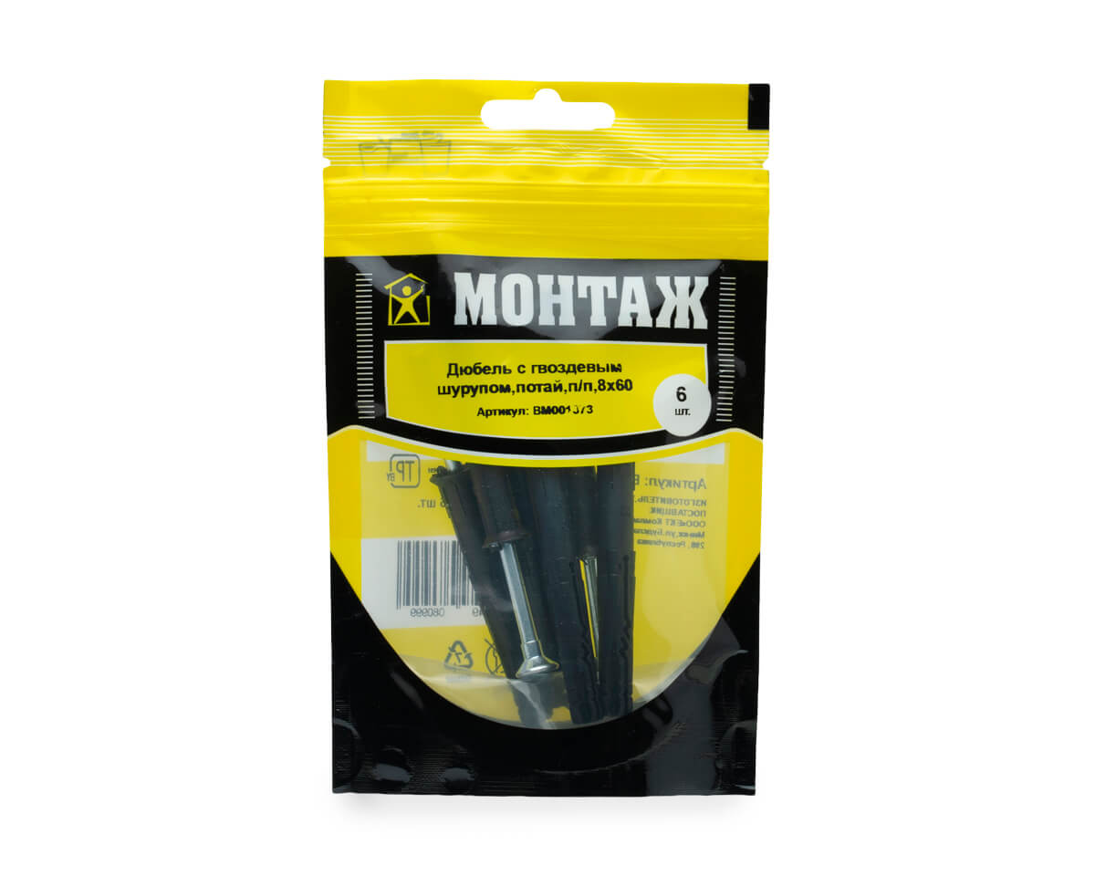 Дюбель-гвоздь GL, 8x60 потай, п/в, МОНТАЖ (пакет/6шт)