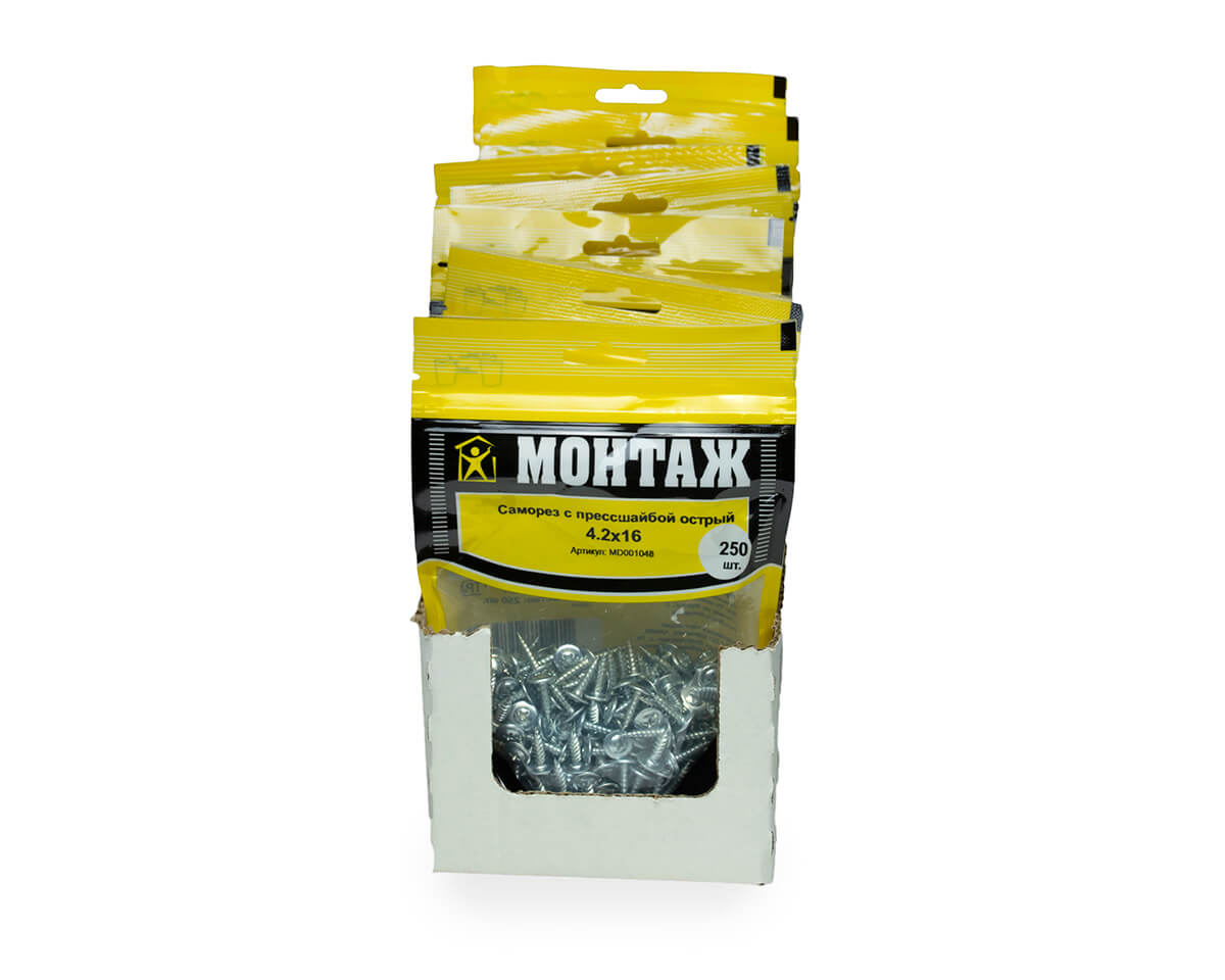 Саморез с прессшайбой 4.2x16, острый, цинк, дой-пак M, МОНТАЖ (пакет/250шт)