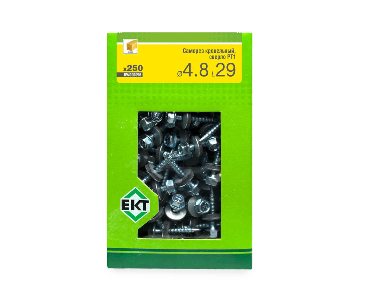 Саморез кровельный с резин. прокл. 4.8х29 сверло PT1, цинк, в коробке с окном, ЕКТ (упак/250шт)