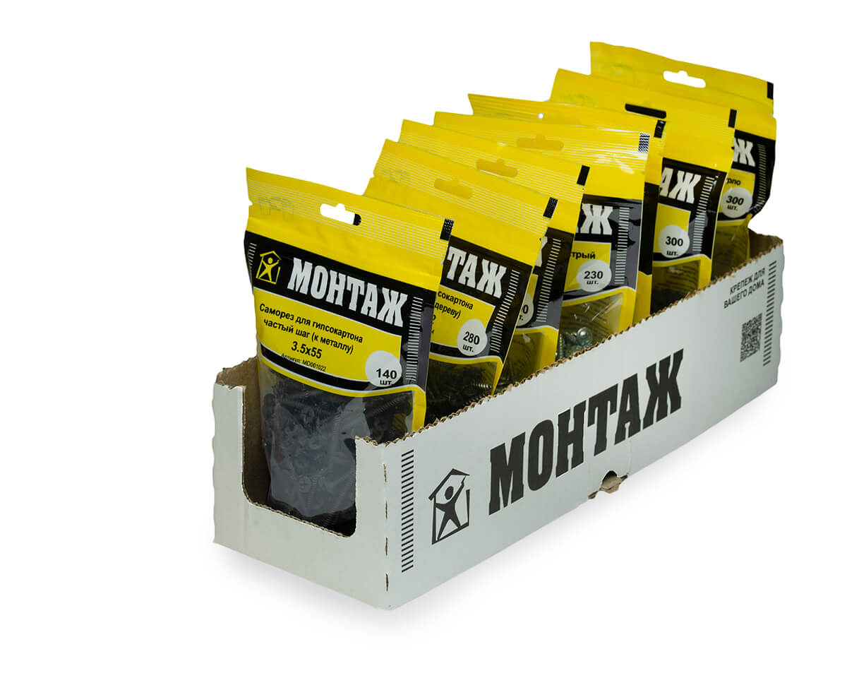 Саморез для гипсокартона 3.5x55, частый шаг (к металлу), фосфат, дой-пак M, МОНТАЖ (пакет/140шт)