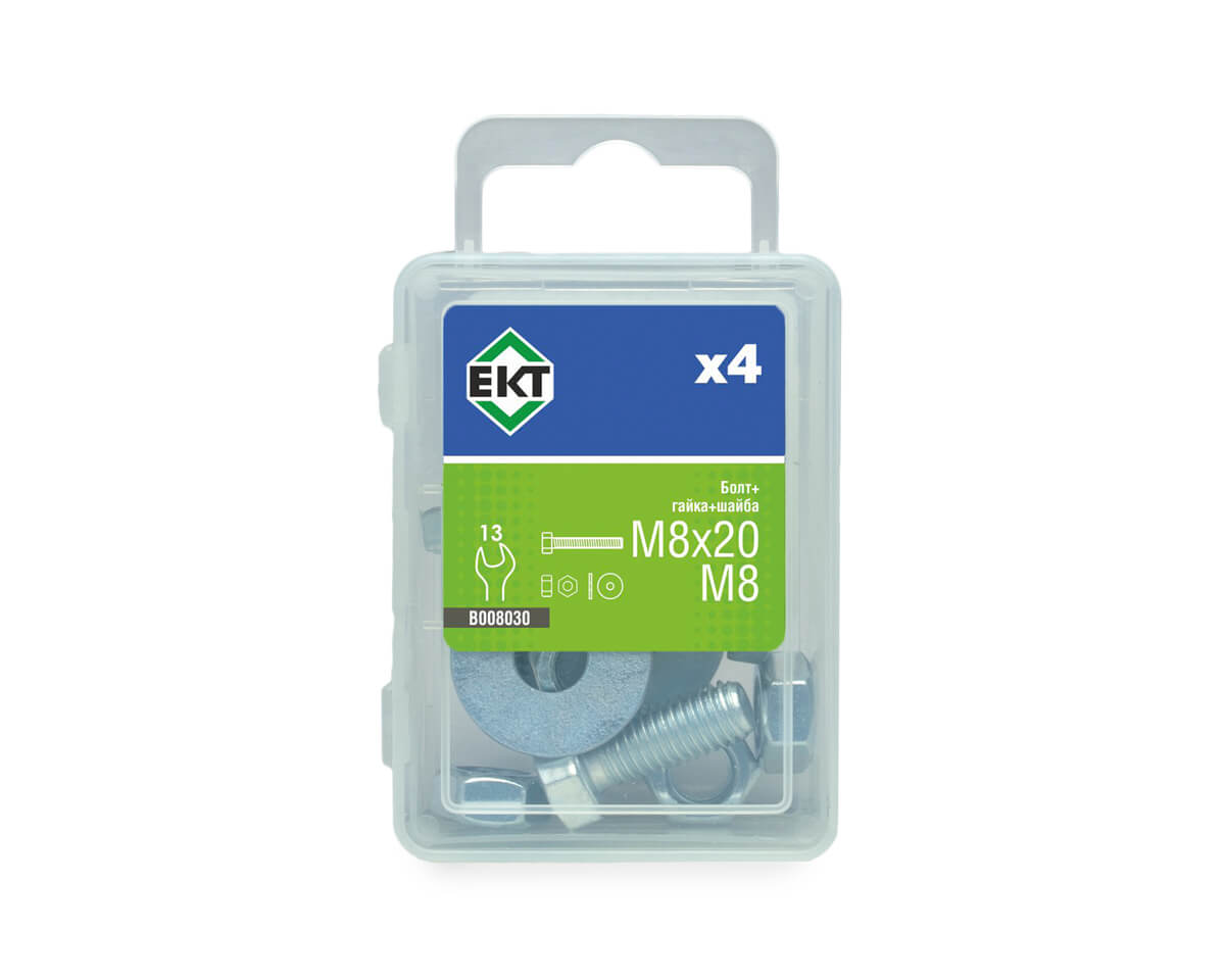 Болт с 6-гран. гол. M8х20, DIN933 в компл. с гайкой и усиленной шайбой М8, цинк (упак/4шт)