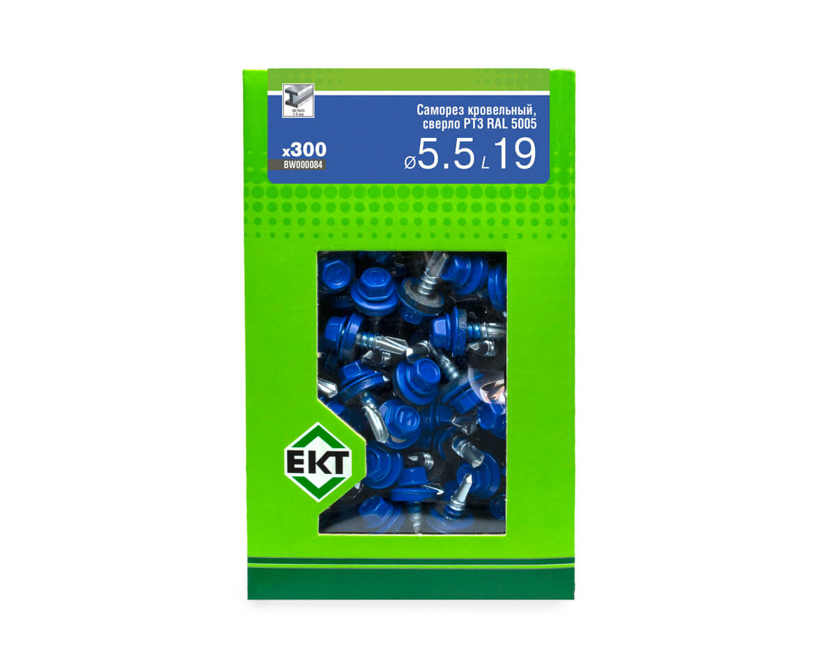 Саморез кровельный с резин. прокл. 5.5х19 сверло PT3, RAL 5005, в коробке с окном, ЕКТ (упак/300шт)