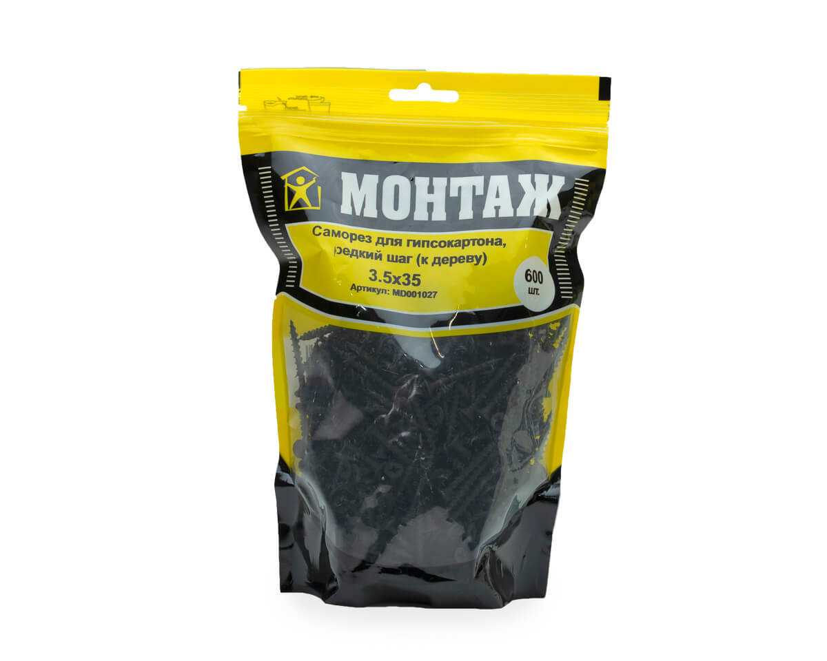 Саморез для гипсокартона 3.5x35, редкий шаг (к дереву), фосфат, дой-пак L, МОНТАЖ (пакет/600шт)