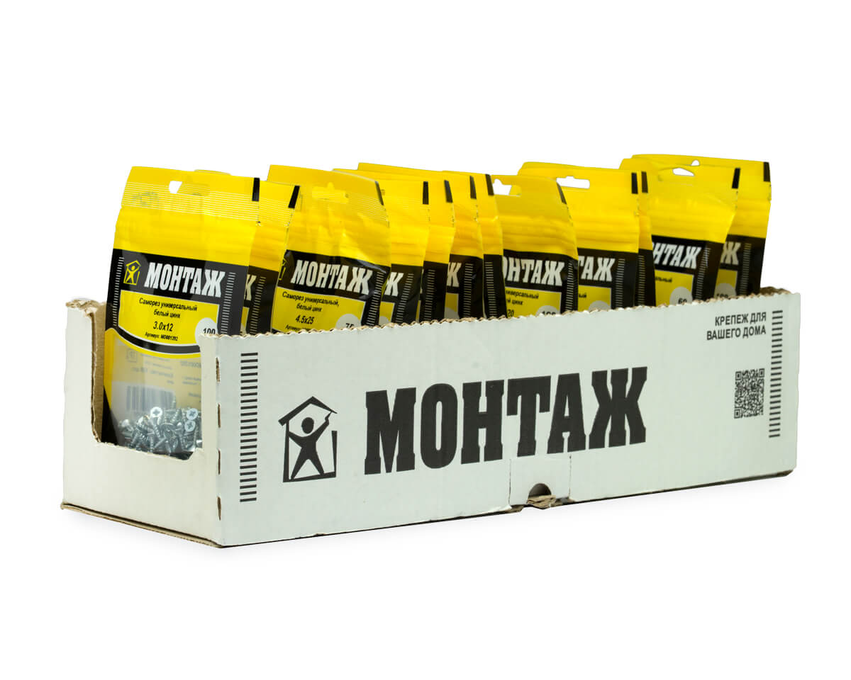 Саморез универсальный 3.0x12, белый цинк, дой-пак S, МОНТАЖ (пакет/100шт)