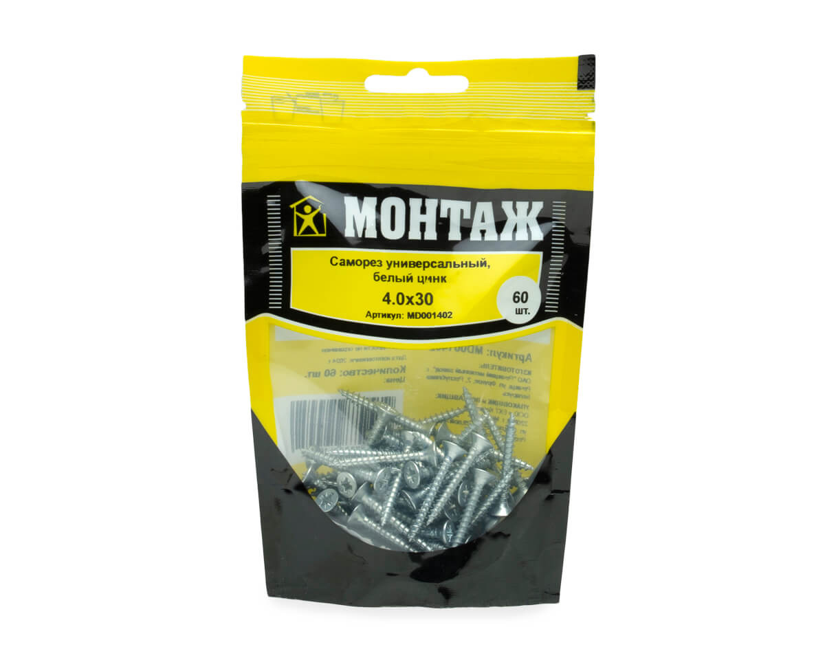Саморез универсальный 4.0x30, белый цинк, дой-пак S, МОНТАЖ (пакет/60шт)