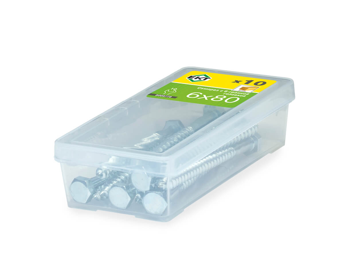 Саморез с 6-гранной головкой, 6.0x80 острый, цинк, ЕКТ (упак/10шт)