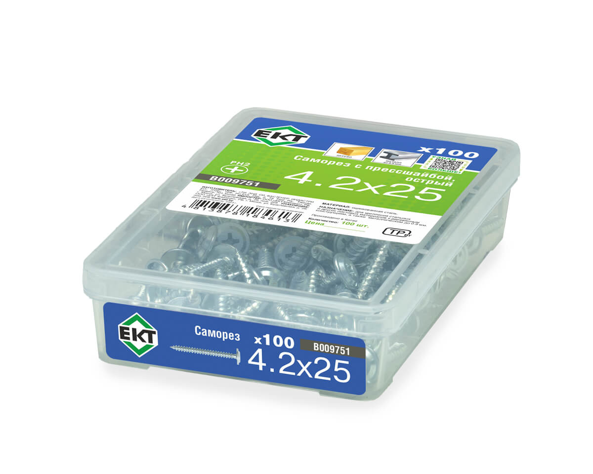Саморез с прессшайбой, 4.2x25 острый, цинк,в пласт.контейнере, ЕКТ (упак/100шт)