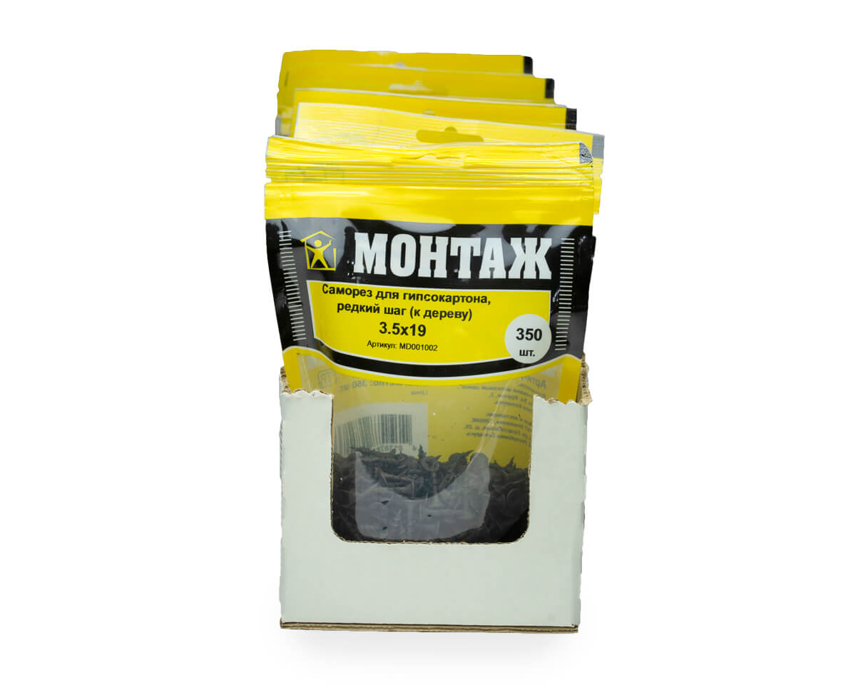 Саморез для гипсокартона 3.5x19, редкий шаг (к дереву), фосфат, дой-пак M, МОНТАЖ (пакет/350шт)