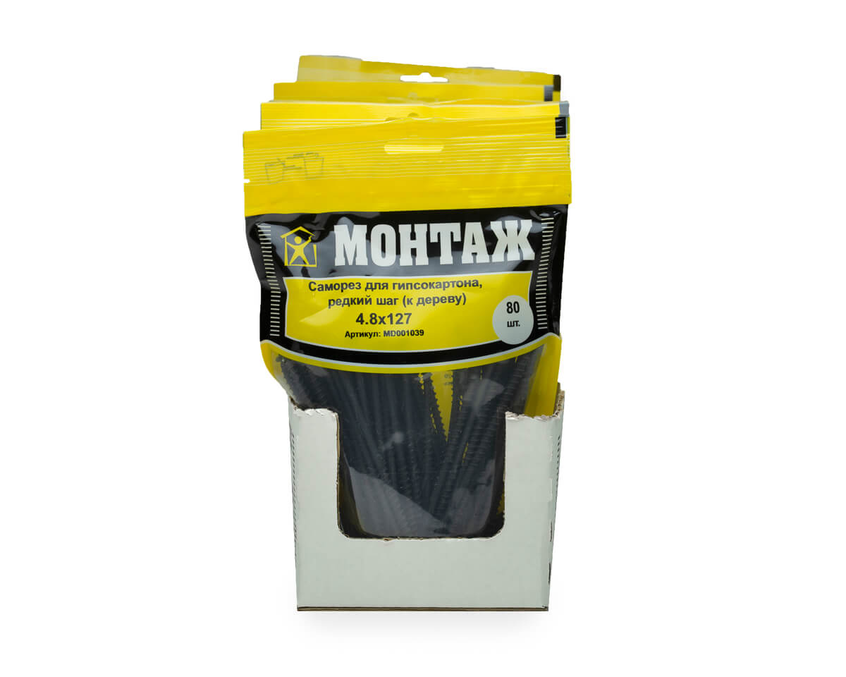 Саморез для гипсокартона 4.8x127, редкий шаг (к дереву), фосфат, дой-пак L, МОНТАЖ (пакет/80шт)
