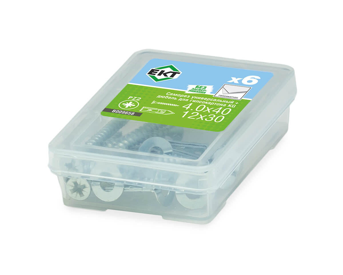 Саморез, белый цинк 4.0х40 + Дюбель для гипсокартонных плит 12х30 KG, ЕКТ (упак/6шт)